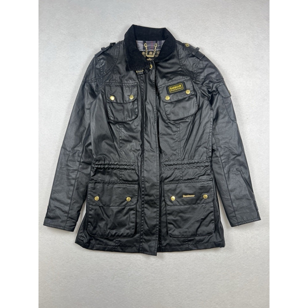 Barbour International Speedway Jacket Womens US4 Black Waxed Cotton Tartan Lined